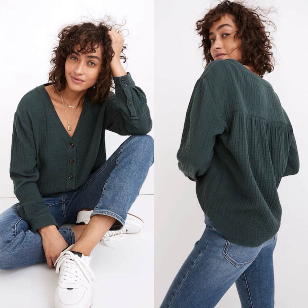 Madewell Forest Green Button-Front Gauze Long-Sleeve Top